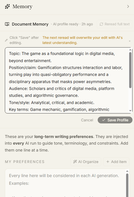 WriteFlow keeps document memory and writing preferences active.