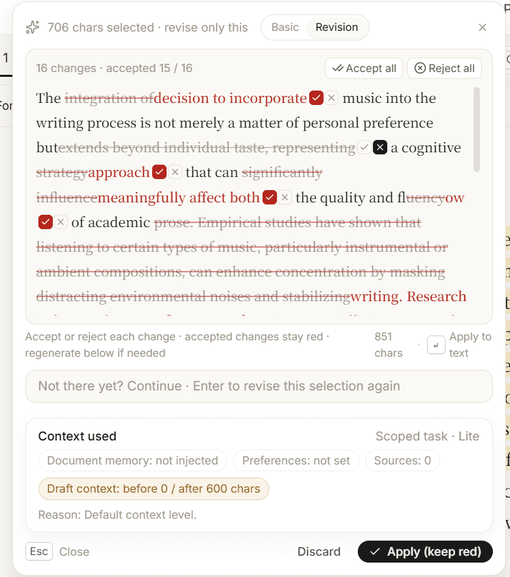 WriteFlow shows AI revisions as accept or reject changes.