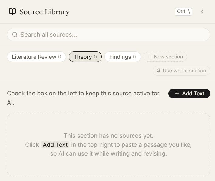 WriteFlow source library organizes references into sections.