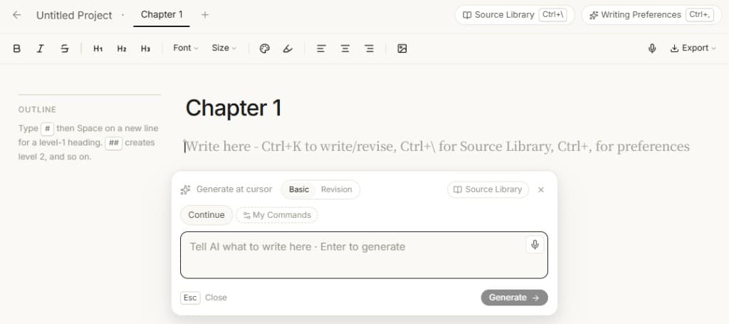 WriteFlow document canvas with AI command panel and source library.